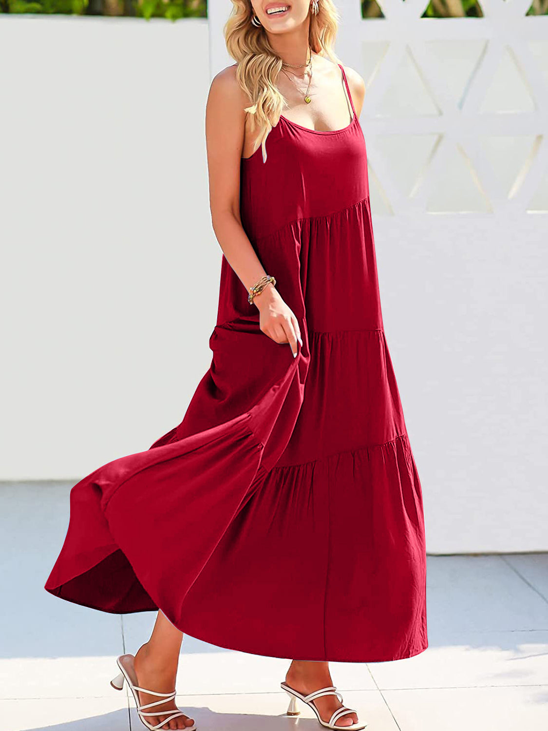 Full Size Ruched Tiered Spaghetti Strap Dress - store name